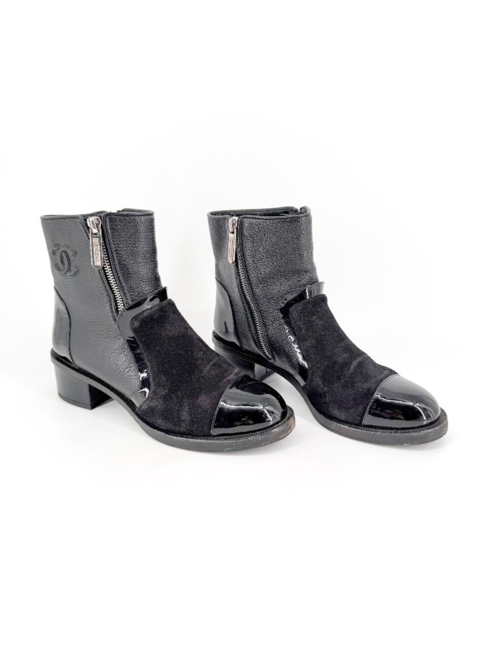 Chanel Black Suede Cap Toe CC Ankle Moto Boots Size 37.5 US 6.5–7 Women's